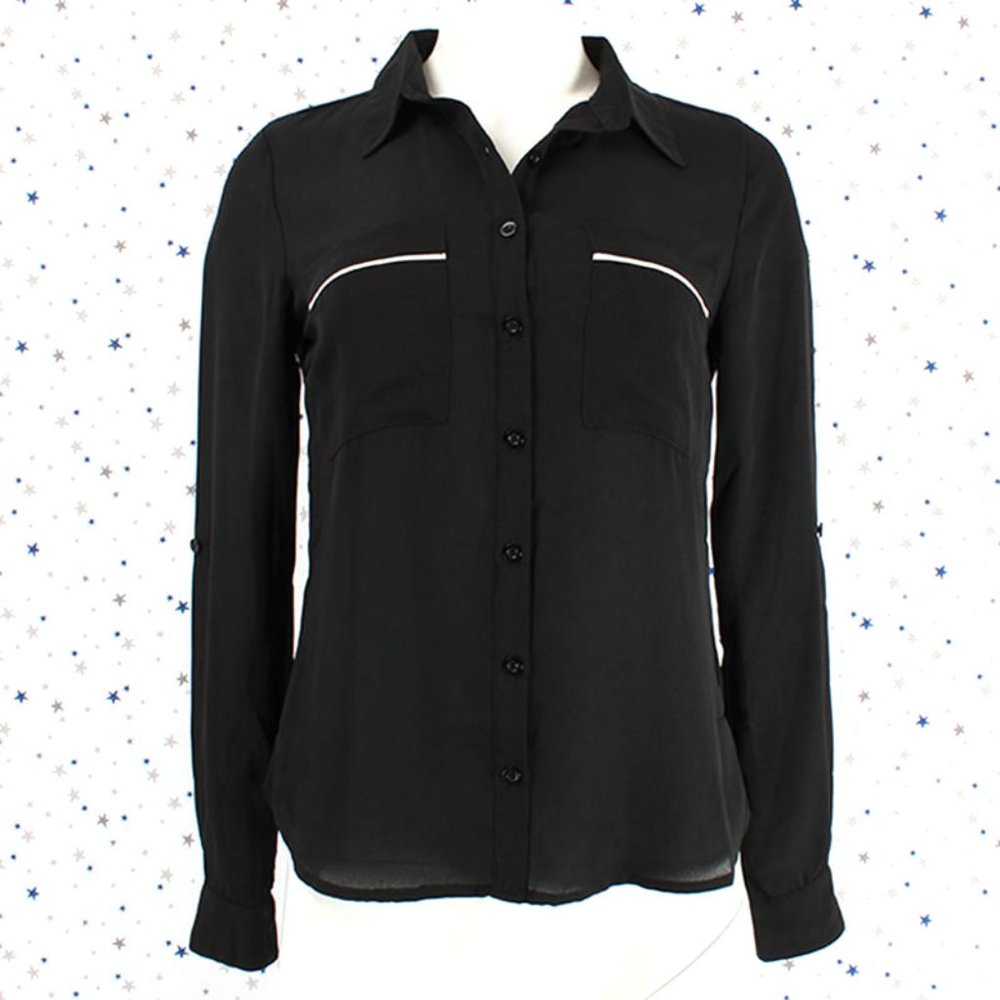 Roll Up Sleeve Button Up Chiffon Blouse Top Black - Picture 2 of 8